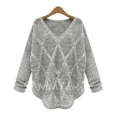 Hollow Out Long Sleeve Casual Style V-Neck Acrylic Sweater For Women